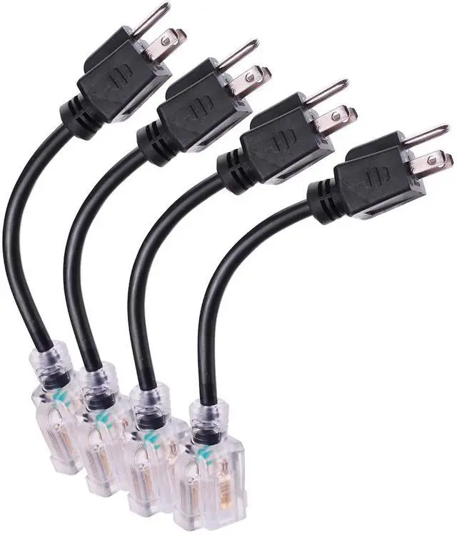 Main image of Short Power Extension Cord Outlet Saver, Female Plug with Lighted End 16AWG/13A, 3 Prong (4 Pack, Black, 8 Inch)