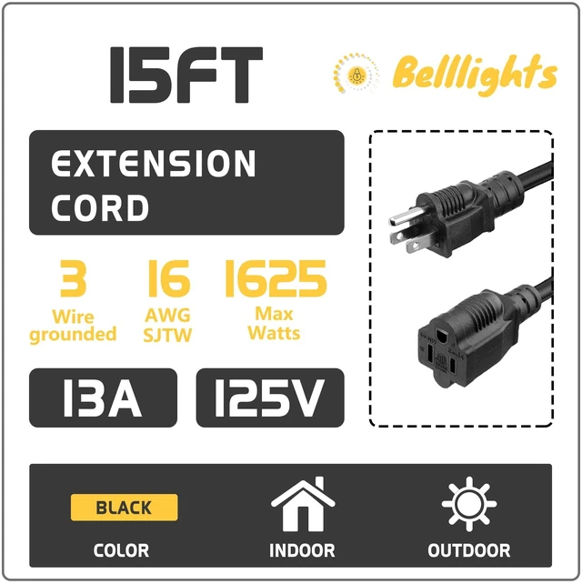 Alt view image 3 of 7 - 2 Pack 15FT 16AWG SJTW Heavy Duty 3 Prong ETL Extension Cord Indoor Outdoor | NEMA 5-15P to NEMA 5-15R, Indoor and Outdoor Use, ETL Listed