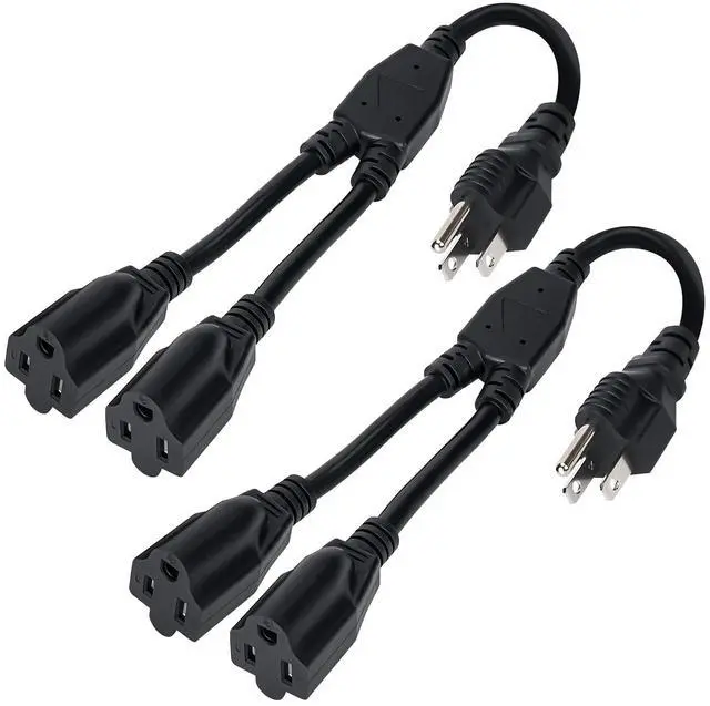 Main image of 3-Prong Y Splitter Power Extension Cord 1 FT/2 Pack, Straight Plug 1 to 2 Way Outlet Space Saver, Heavy Duty Weatherproof SJTW, 16AWG 13A, 5-15P Cable Extender for Indoor Outdoor-UL