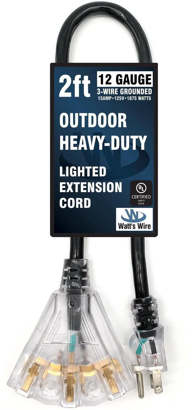 Main image of 2 ft Short Outdoor Extension Cord Waterproof - 12 Gauge Heavy Duty Extension Cord Splitter Outdoor 2 ft - Lighted Outdoor Extension Cords with Multiple Outlets - Watts Wire - 2' Grounded