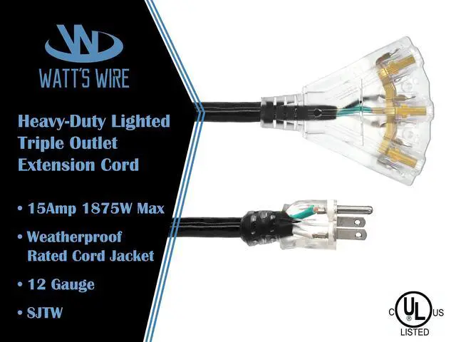 Alt view image 3 of 6 - 2 ft Short Outdoor Extension Cord Waterproof - 12 Gauge Heavy Duty Extension Cord Splitter Outdoor 2 ft - Lighted Outdoor Extension Cords with Multiple Outlets - Watts Wire - 2' Grounded