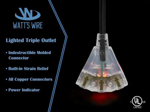 Alt view image 4 of 6 - 2 ft Short Outdoor Extension Cord Waterproof - 12 Gauge Heavy Duty Extension Cord Splitter Outdoor 2 ft - Lighted Outdoor Extension Cords with Multiple Outlets - Watts Wire - 2' Grounded