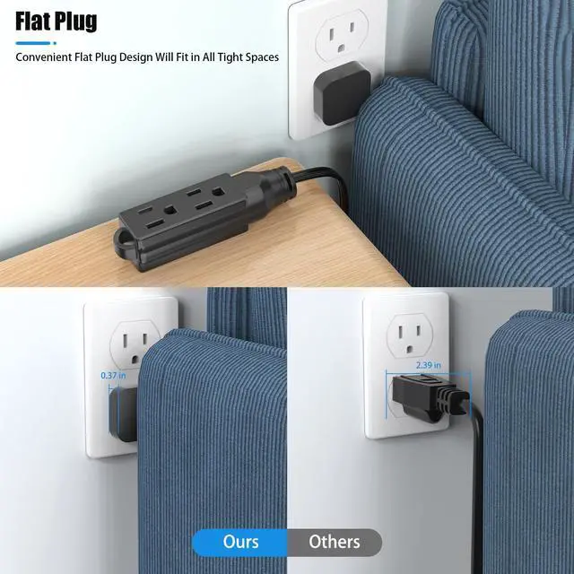 Alt view image 5 of 6 - 1 FT Short Extension Cord, HITRENDS 3 Outlet Extension Cord, 3 Prong Grounded Wire, SJT 16 AWG Flexible Power Cord, 15 Amp, 125V, 1875 Watts, Black - 2 Pack
