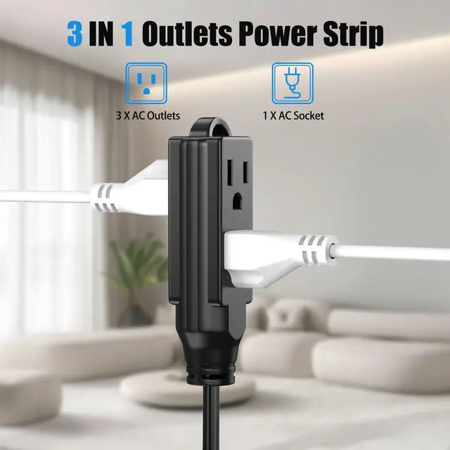 Alt view image 2 of 6 - 1 FT Short Extension Cord, HITRENDS 3 Outlet Extension Cord, 3 Prong Grounded Wire, SJT 16 AWG Flexible Power Cord, 15 Amp, 125V, 1875 Watts, Black - 2 Pack