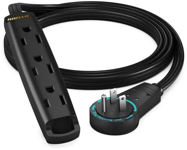 Main image of 360 Degree Rotating Flat Extension Cord 3 Ft Multi 3 Outlet Power Cord with Loop, Grounded 16 AWG UL Certified, Black