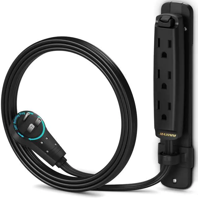Main image of 360 Degree Rotating Flat Extension Cord 3 Ft Multi 3 Outlet Power Cord with Mounting Bracket, Grounded 16 AWG UL Certified, Black