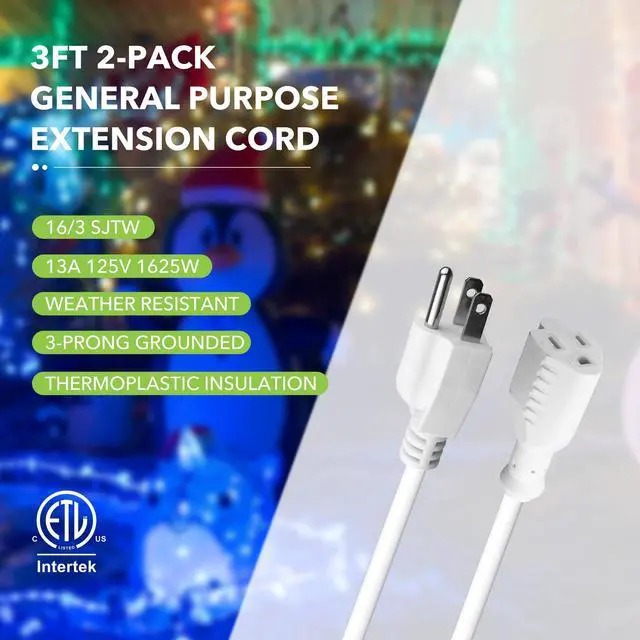 Alt view image 4 of 7 - 3 Ft Outdoor Extension Cord 16/3 SJTW General Purpose Power Cord, 3 Prong Grounded Plug, 13-Amp, Black, for Lawn, Garden, Appliances, 3 Pack