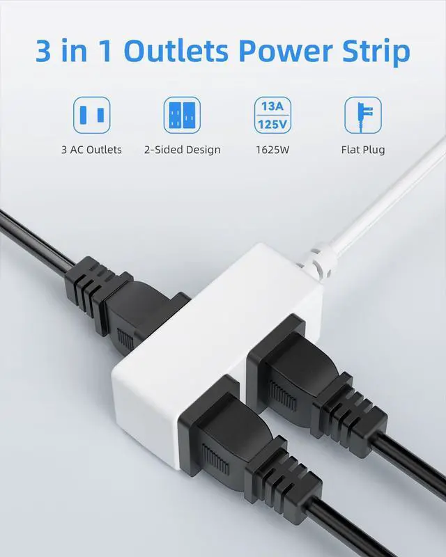 Alt view image 2 of 7 - Flat Plug Extension Cord 3-Packs 3Ft White - 2-Prong Power Strip with 3 Polarized Outlets & Tamper Guard, 16/2 AWG 13A/1625W