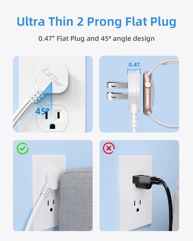 Alt view image 3 of 7 - Flat Plug Extension Cord 3-Packs 3Ft White - 2-Prong Power Strip with 3 Polarized Outlets & Tamper Guard, 16/2 AWG 13A/1625W