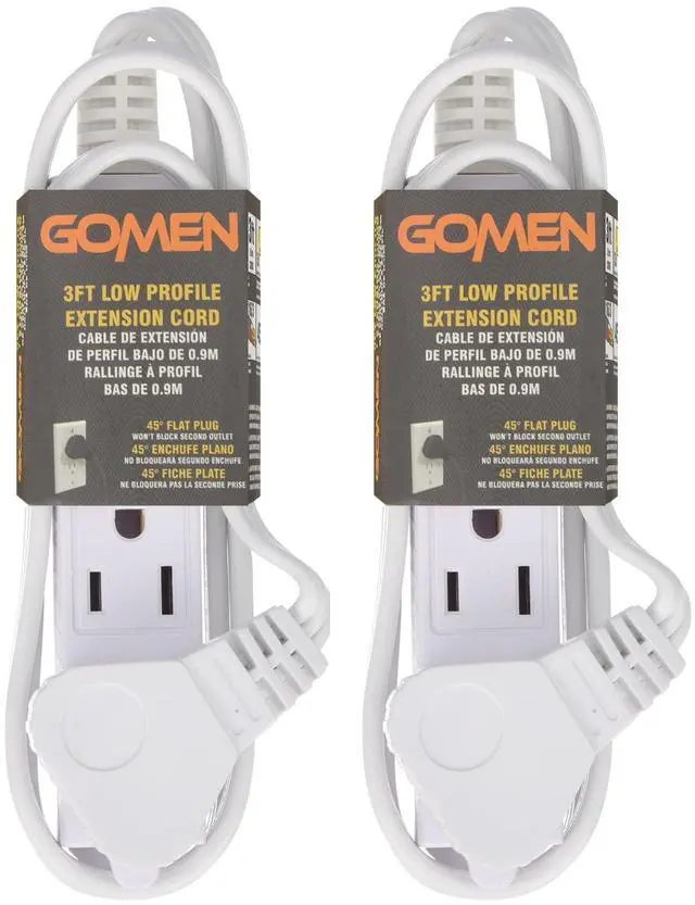 Main image of 3 Feet Indoor Extension Cord with 3 Outlets, AWG 16/3 Angled Flat Plug Power Strip, 3 Prong Grounded, 13 Amps - 1625 Watts - 125 VAC, White, 2 Pack