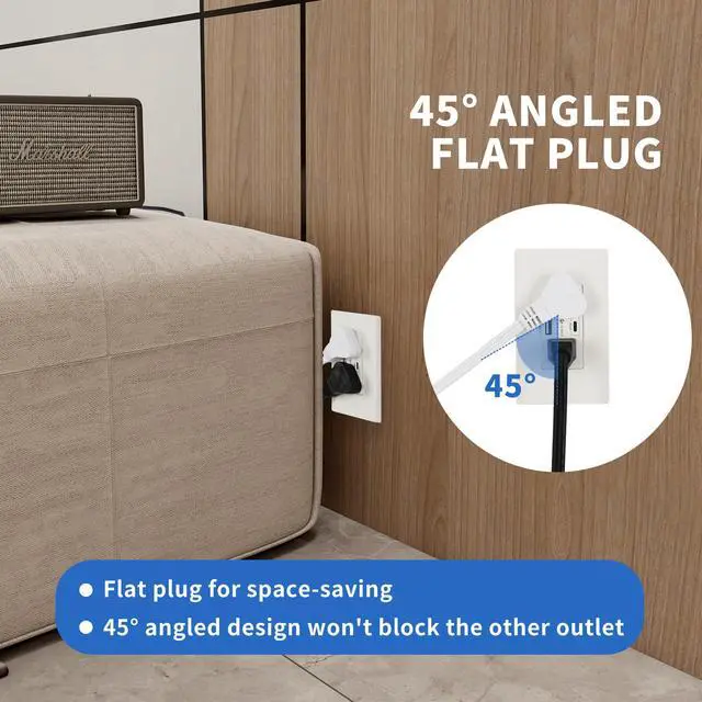 Alt view image 3 of 7 - 3 Feet Indoor Extension Cord with 3 Outlets, AWG 16/3 Angled Flat Plug Power Strip, 3 Prong Grounded, 13 Amps - 1625 Watts - 125 VAC, White, 2 Pack