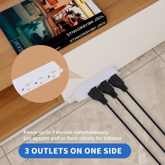 Alt view image 4 of 7 - 3 Feet Indoor Extension Cord with 3 Outlets, AWG 16/3 Angled Flat Plug Power Strip, 3 Prong Grounded, 13 Amps - 1625 Watts - 125 VAC, White, 2 Pack
