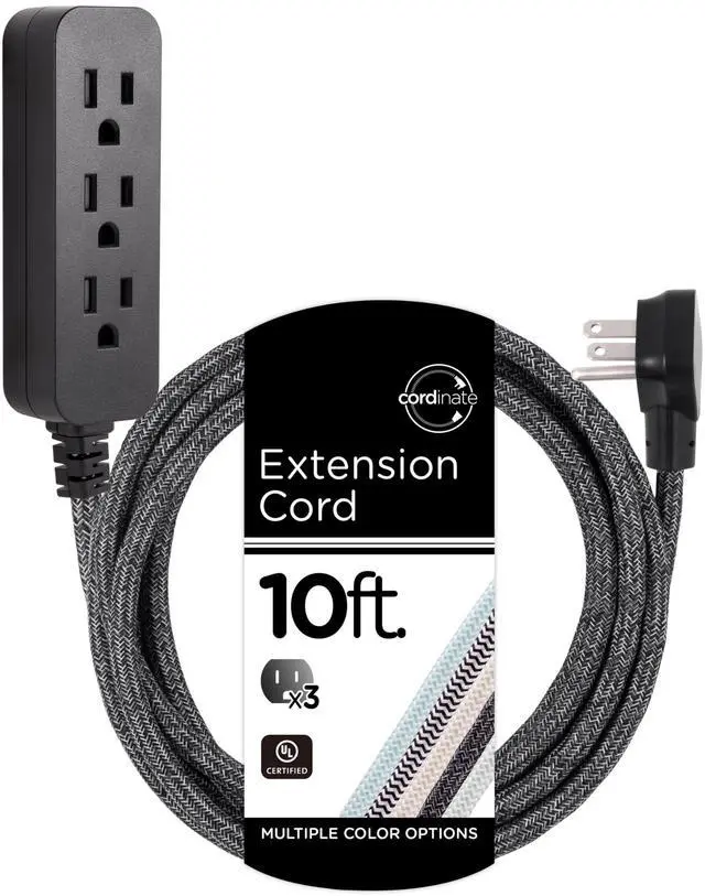 Main image of 3 Outlet Power Strip Surge Protector Indoor Extension Cord 16 Gauge 245 Joules 10 Ft 3 Prong Braided Extension Cords Flat Extension Cord ETL Listed Gray 43013