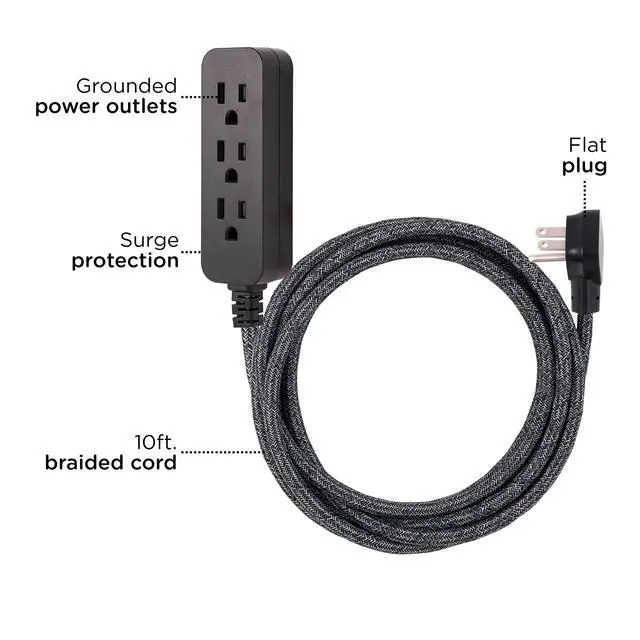 Alt view image 2 of 7 - 3 Outlet Power Strip Surge Protector Indoor Extension Cord 16 Gauge 245 Joules 10 Ft 3 Prong Braided Extension Cords Flat Extension Cord ETL Listed Gray 43013