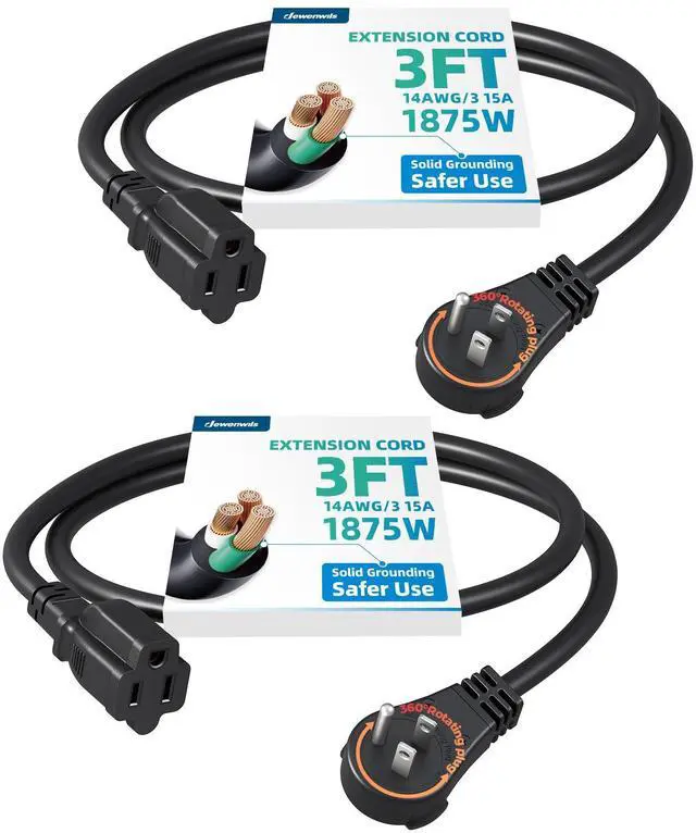 Main image of 360° Rotating Flat Plug Extension Cord 3 Foot, 14/3 Gauge 3 Prong Grounded Wire, 15A/1875W Heavy Duty Power Cord, Space Saving for Indoor Narrow Space, ETL Certified, 2 Pack, Black