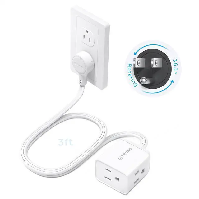 Main image of Short Extension Cord 3ft with 360° Rotating Flat Plug, Low Profile Small Power Strip, Three Prong Grounded Outlets Cube, 13A, 16 AWG Cable for Indoor Home Office Cruise Travel Essentials, White