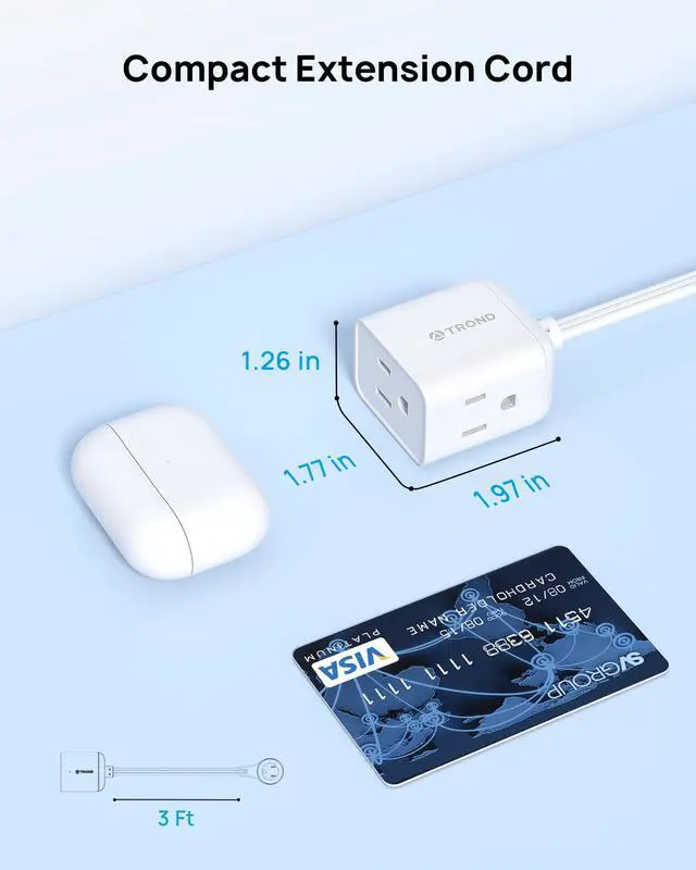 Alt view image 6 of 7 - Short Extension Cord 3ft with 360° Rotating Flat Plug, Low Profile Small Power Strip, Three Prong Grounded Outlets Cube, 13A, 16 AWG Cable for Indoor Home Office Cruise Travel Essentials, White