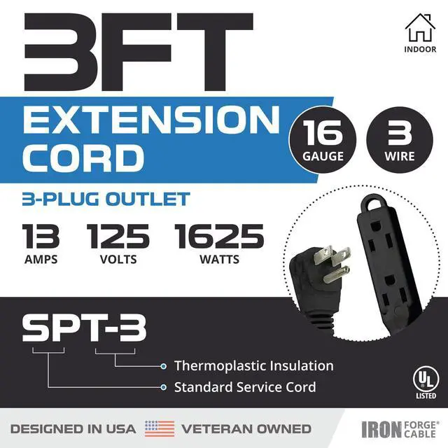 Alt view image 2 of 6 - 3 ft Flat Plug Black Extension Cord with 3 Outlets - 16/3 SJTW 3 Prong Indoor Extension Cord with Multiple Outlets