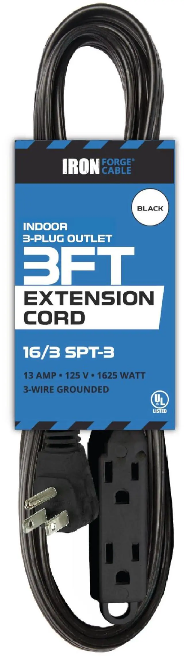 Main image of 3 ft Flat Plug Black Extension Cord with 3 Outlets - 16/3 SJTW 3 Prong Indoor Extension Cord with Multiple Outlets