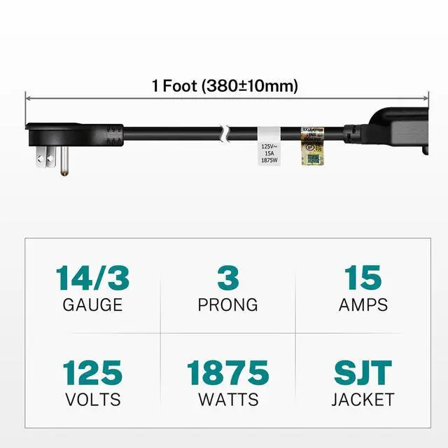 Alt view image 3 of 7 - 1875W Flat Plug 1 Foot Extension Cord 14 AWG 15A Black, 3 Packs