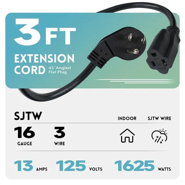 Alt view image 2 of 7 - 2 Pack 3 Ft Indoor Short Flat Plug Extension Cord, Low Profile 3 Prong Grounded Flexible Black Power Cable for Laptops, Coffee Makers, Office Home Appliances, 16/3 Gauge 13A 125V 1625W ETL Listed