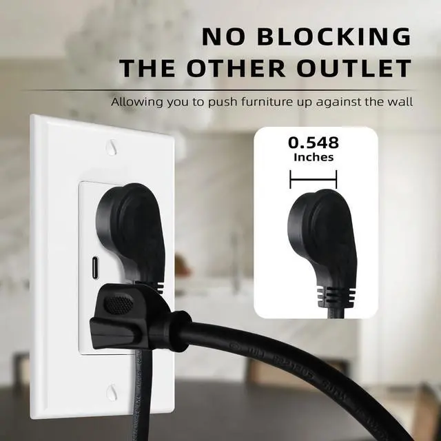 Alt view image 5 of 7 - 2 Pack 3 Ft Indoor Short Flat Plug Extension Cord, Low Profile 3 Prong Grounded Flexible Black Power Cable for Laptops, Coffee Makers, Office Home Appliances, 16/3 Gauge 13A 125V 1625W ETL Listed