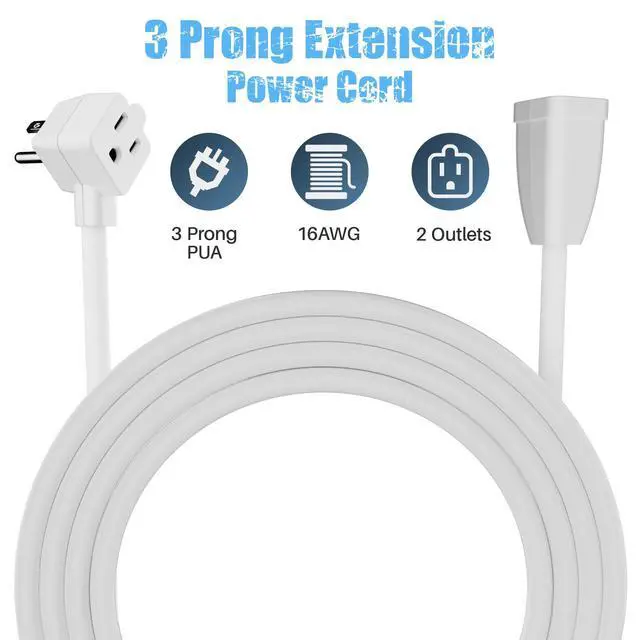 Alt view image 2 of 7 - 2-Outlet Extension Cord 6 FT, Pigtail 3 Prong Extension Power Cable, 45 Degree Plug Design, 16/3 Gauge Cold with Extra Socket on Plug, 13A 1625W 16AWG, Outlet Saver, Power Splitter, ETL Listed, White