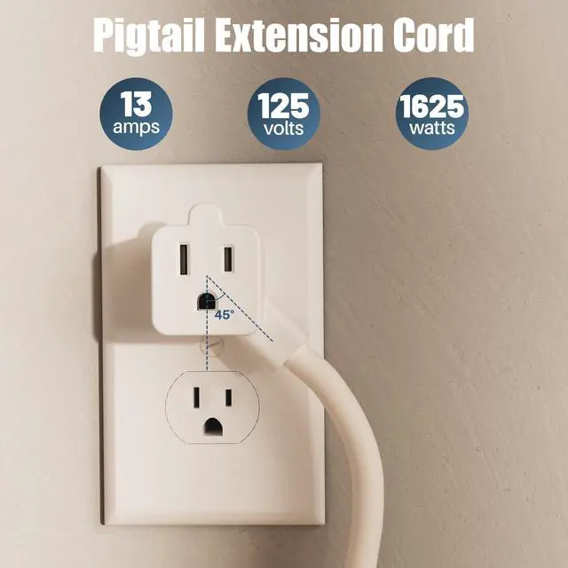 Alt view image 5 of 7 - 2-Outlet Extension Cord 6 FT, Pigtail 3 Prong Extension Power Cable, 45 Degree Plug Design, 16/3 Gauge Cold with Extra Socket on Plug, 13A 1625W 16AWG, Outlet Saver, Power Splitter, ETL Listed, White