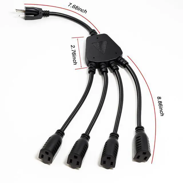 Alt view image 2 of 5 - 1 to 4 Splitter Power Cord,3-Prong SJTW 16 Gauge/3C Extension Cord,1.5FT 4 Outlet Y Splitter Power Extension Cable,Black.