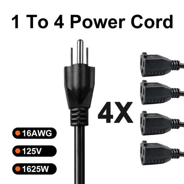Alt view image 3 of 5 - 1 to 4 Splitter Power Cord,3-Prong SJTW 16 Gauge/3C Extension Cord,1.5FT 4 Outlet Y Splitter Power Extension Cable,Black.