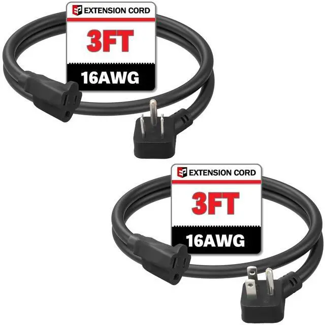Main image of 3 Ft Flat Plug Short Extension Cord, Angled 90°Plug Low Profile Appliance Extension Cord Outlet Saver 16AWG 13A SJTW 3-Prong Grounded Power Strip for Indoor Office, ETL Listed Black
