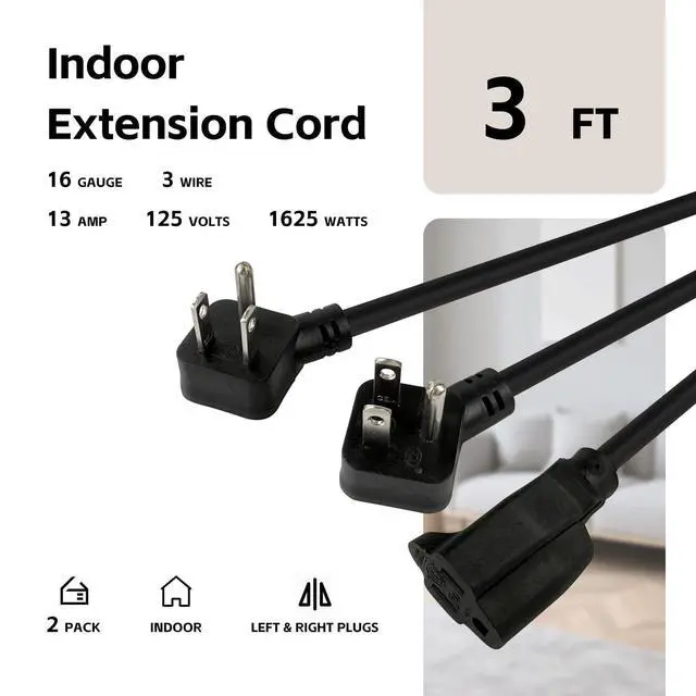Alt view image 2 of 7 - 3 Ft Flat Plug Short Extension Cord, Angled 90°Plug Low Profile Appliance Extension Cord Outlet Saver 16AWG 13A SJTW 3-Prong Grounded Power Strip for Indoor Office, ETL Listed Black