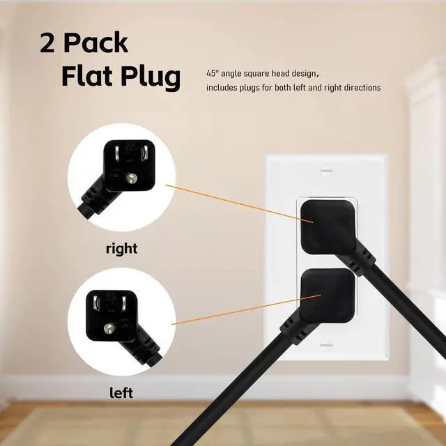 Alt view image 3 of 7 - 3 Ft Flat Plug Short Extension Cord, Angled 90°Plug Low Profile Appliance Extension Cord Outlet Saver 16AWG 13A SJTW 3-Prong Grounded Power Strip for Indoor Office, ETL Listed Black