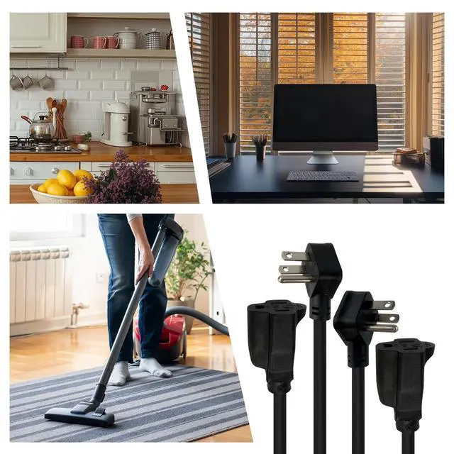 Alt view image 7 of 7 - 3 Ft Flat Plug Short Extension Cord, Angled 90°Plug Low Profile Appliance Extension Cord Outlet Saver 16AWG 13A SJTW 3-Prong Grounded Power Strip for Indoor Office, ETL Listed Black