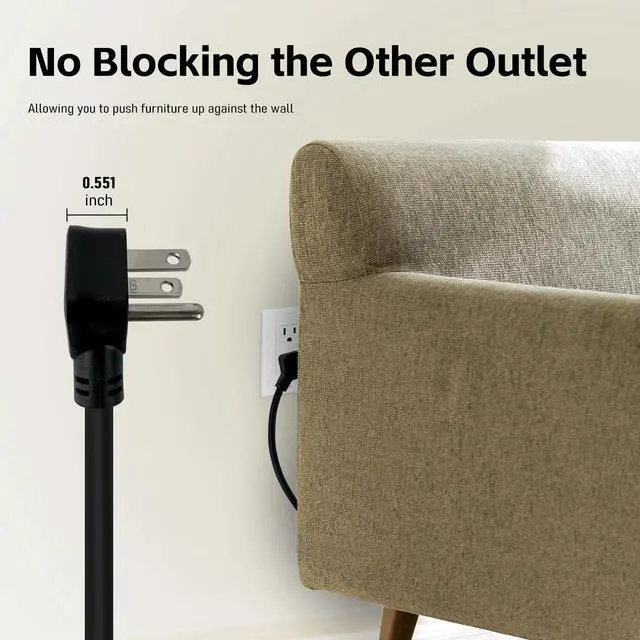 Alt view image 4 of 7 - 3 Ft Flat Plug Short Extension Cord, Angled 90°Plug Low Profile Appliance Extension Cord Outlet Saver 16AWG 13A SJTW 3-Prong Grounded Power Strip for Indoor Office, ETL Listed Black
