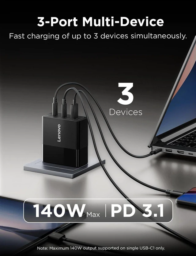 Alt view image 2 of 7 - 140W USB C Charger, GaN Power Adapter with 3-Port Fast Charging, PD 3.1 Compatible, Black, for ThinkPad, MacBook, iPhone, Samsung Galaxy, with 240W Cable