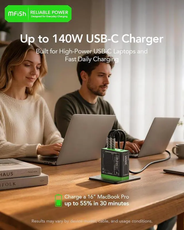 Alt view image 3 of 7 - E-Rhino 140W Max 4-Port GaN Charger for MacBook & USB-C Laptop, Black | Smart Temperature Management, Smart Power Distribution, Foldable Plug, 4-Port (3 USB-C + 1 USB-A), Stable Charging