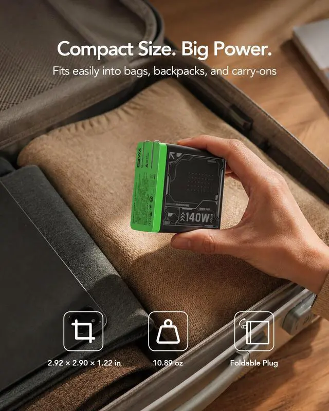 Alt view image 4 of 7 - E-Rhino 140W Max 4-Port GaN Charger for MacBook & USB-C Laptop, Black | Smart Temperature Management, Smart Power Distribution, Foldable Plug, 4-Port (3 USB-C + 1 USB-A), Stable Charging