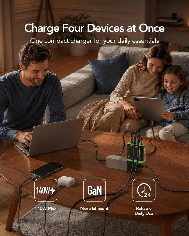 Alt view image 2 of 7 - E-Rhino 140W Max 4-Port GaN Charger for MacBook & USB-C Laptop, Black | Smart Temperature Management, Smart Power Distribution, Foldable Plug, 4-Port (3 USB-C + 1 USB-A), Stable Charging