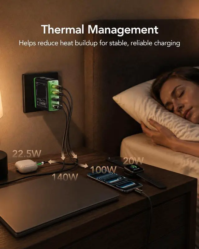 Alt view image 5 of 7 - E-Rhino 140W Max 4-Port GaN Charger for MacBook & USB-C Laptop, Black | Smart Temperature Management, Smart Power Distribution, Foldable Plug, 4-Port (3 USB-C + 1 USB-A), Stable Charging