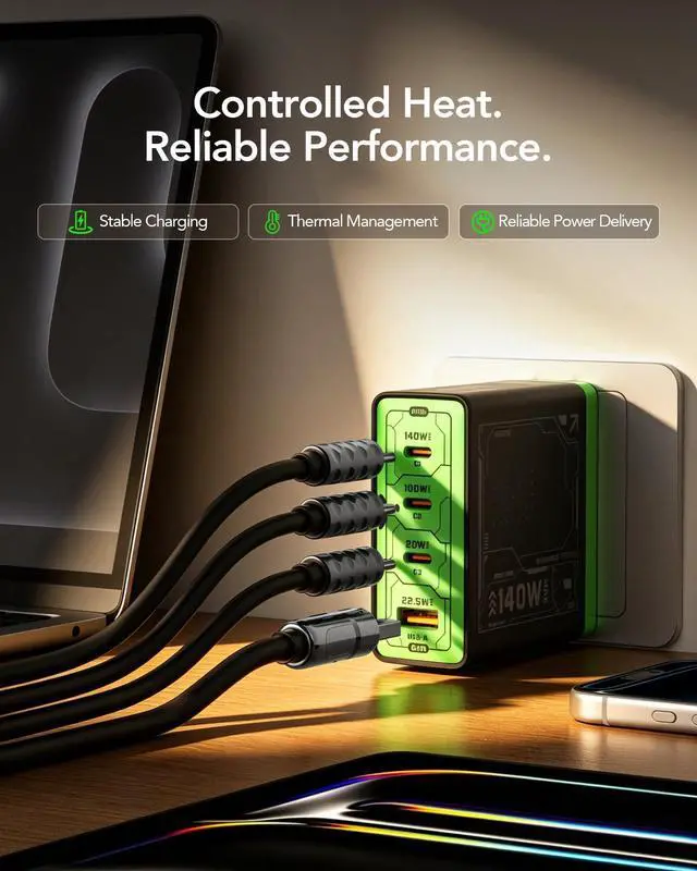 Alt view image 6 of 7 - E-Rhino 140W Max 4-Port GaN Charger for MacBook & USB-C Laptop, Black | Smart Temperature Management, Smart Power Distribution, Foldable Plug, 4-Port (3 USB-C + 1 USB-A), Stable Charging