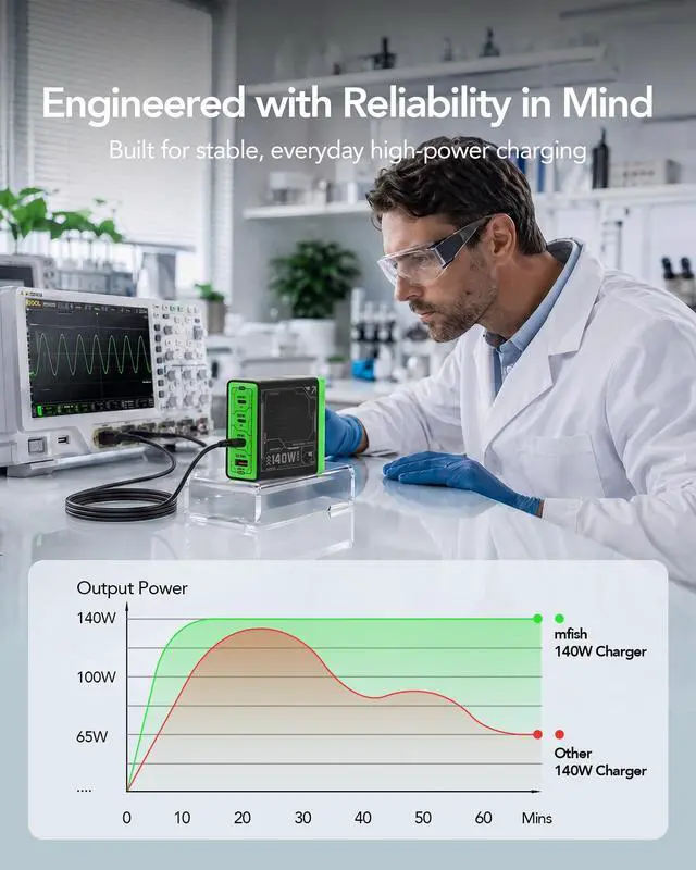 Alt view image 7 of 7 - E-Rhino 140W Max 4-Port GaN Charger for MacBook & USB-C Laptop, Black | Smart Temperature Management, Smart Power Distribution, Foldable Plug, 4-Port (3 USB-C + 1 USB-A), Stable Charging