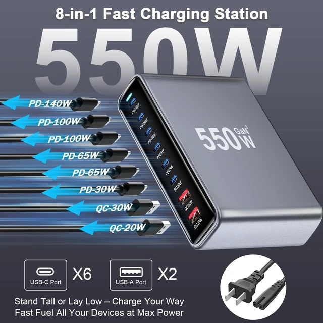 Alt view image 3 of 6 - 550W USB C Fast Charger Block, PD 3.1 140W USB C Charging Station, GaN Multi-Port PD PPS Fast Charging Station for Multiple Devices,Laptop Wall Charger Compatible with MacBook iPad iPhone 17/16 etc