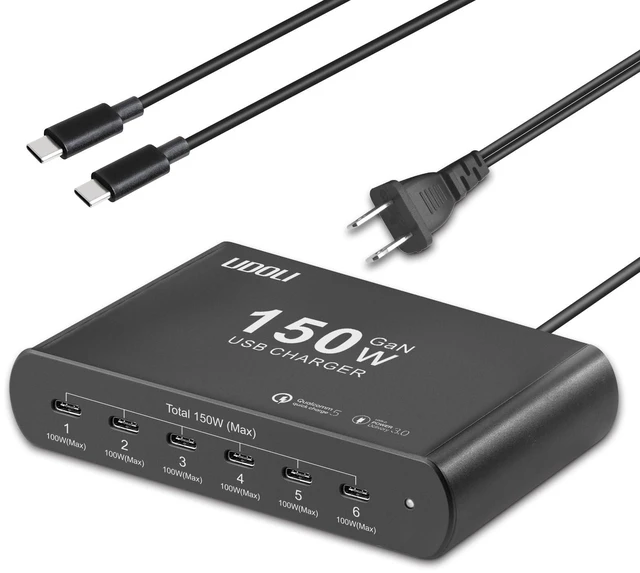 Main image of UDOLI 150W Charging Station for Multiple Devices, 6-Port GaN USB (100W Max) PD Fast Charger Block with USB-C to USB C 100W Cable for iPhone 16 15 iPad Pro Tablets Laptop MacBook Pro Dell and More