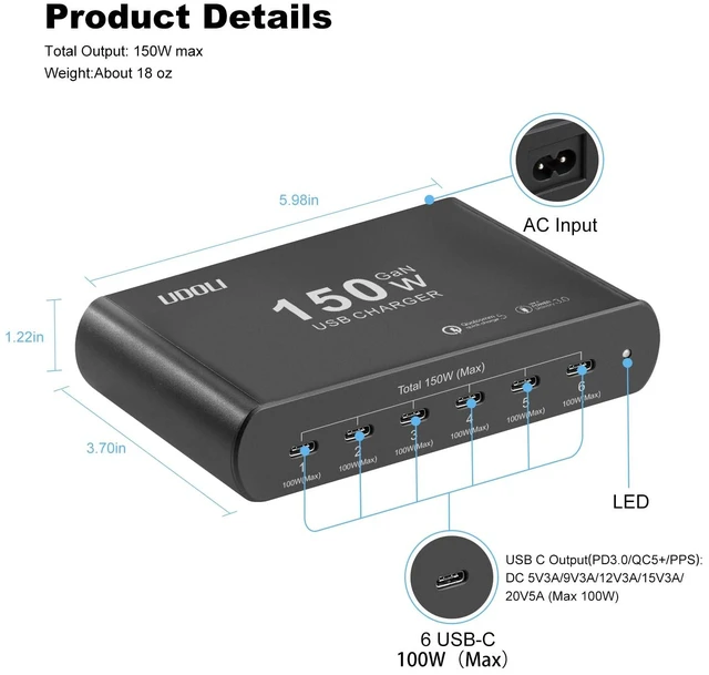 Alt view image 2 of 6 - UDOLI 150W Charging Station for Multiple Devices, 6-Port GaN USB (100W Max) PD Fast Charger Block with USB-C to USB C 100W Cable for iPhone 16 15 iPad Pro Tablets Laptop MacBook Pro Dell and More