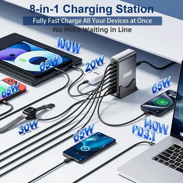 Alt view image 2 of 7 - 550W USB C Fast Charger Block, PD3.1 140W 8 Port USB Charging Station, GaN Pro PD PPS Fast Charging Station for Multiple Devices,Laptop Wall Charger Compatible with iPhone 17/iPad/MacBook etc
