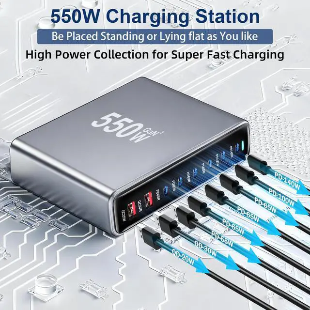 Alt view image 3 of 7 - 550W USB C Fast Charger Block, PD3.1 140W 8 Port USB Charging Station, GaN Pro PD PPS Fast Charging Station for Multiple Devices,Laptop Wall Charger Compatible with iPhone 17/iPad/MacBook etc