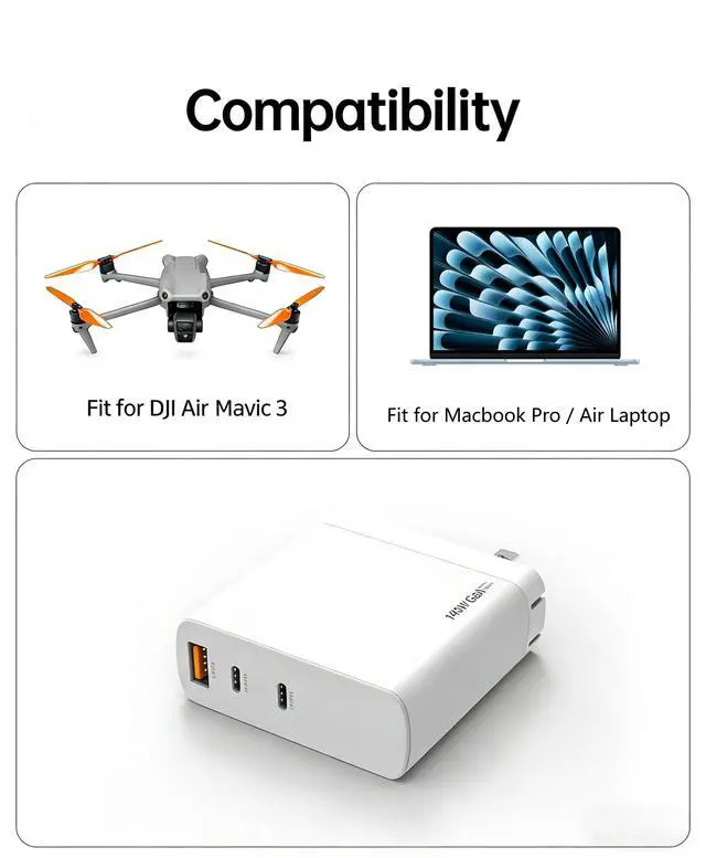 Alt view image 4 of 7 - 140W GaN USB C Fast Charger Fit for MacBook Pro/Air M5 M4 M3 M2 M1 Laptop16 15 14 13 Inch, Fit for DJI Air 3,Mavic 3 Pro,FlyCart 30 Remote Controller Portable Power Adapter Cord with 3 Charging Ports