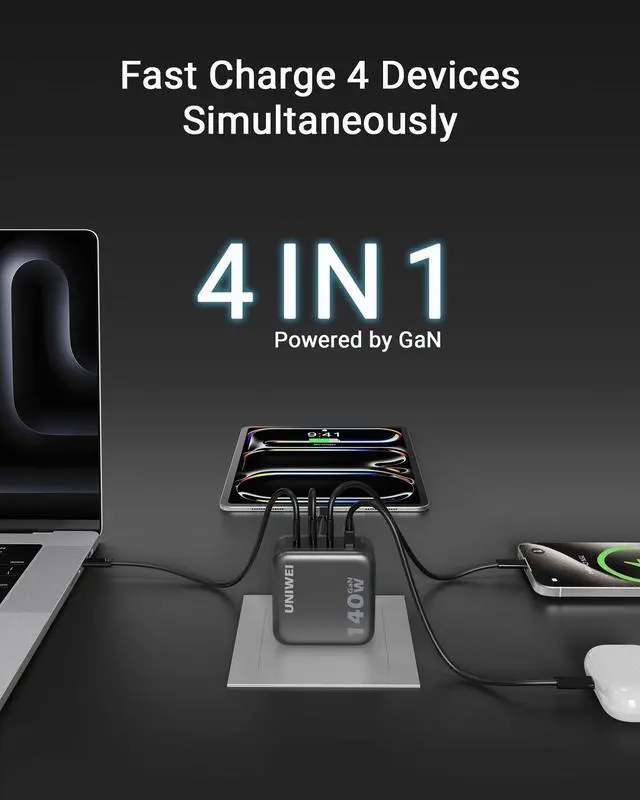 Alt view image 2 of 7 - Laptop Charger, 140W MAX USB C Charger, 4-Port Multi-Device Fast Charging, Advanced GaN Power Adapter, for MacBook, iPhone 17/16 Series, Samsung Galaxy, Pixel, and More