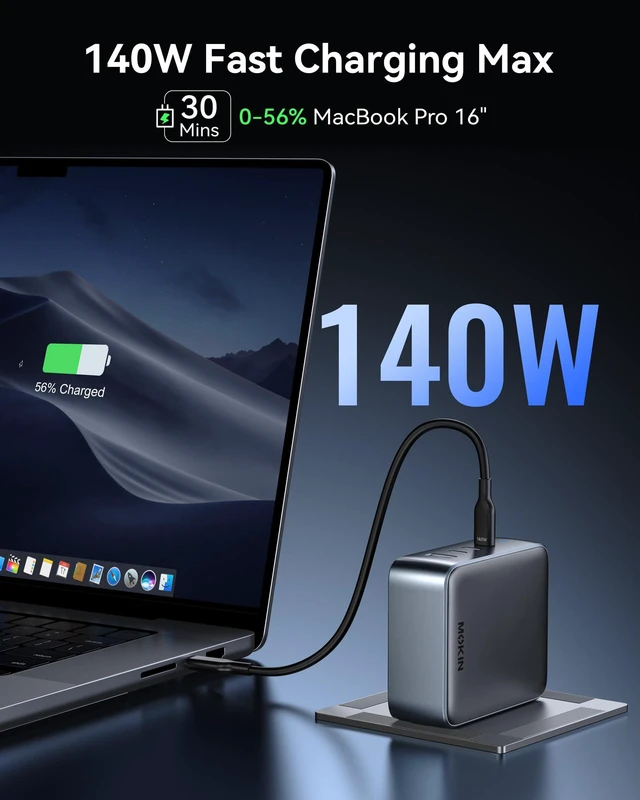 Alt view image 2 of 7 - 140W USB C Charger Block, 4-Port GaN PD3.1 PPS Fast Laptop MacBook Adapter | Foldable Compact Plug, Fits MacBook Pro, iPhone 17/16/15 Series/iPad, Galaxy S25/S24, Steam Deck/Google Pixel